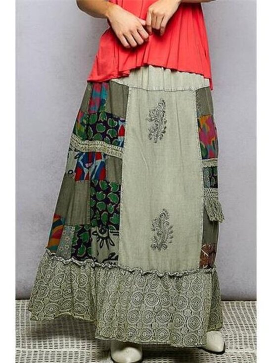 POL Dresses & Skirts - POL Printed Patchwork Embroidered Ruffled Skirt